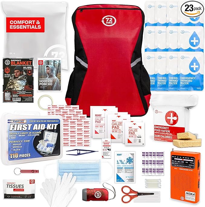 Earthquake Kit - 72 HRS Essential Emergency Survival Kit, Heavy Duty 72 Hour Bug Out Bag Survival Kit for Earthquake, Hurricane, Tsunami - Include Emergency First Aid Kit, Water, Food (Red 1 Person)