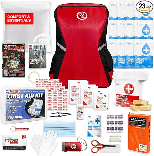 Earthquake Kit - 72 HRS Essential Emergency Survival Kit, Heavy Duty 72 Hour Bug Out Bag Survival Kit for Earthquake, Hurricane, Tsunami - Include Emergency First Aid Kit, Water, Food (Red 1 Person)