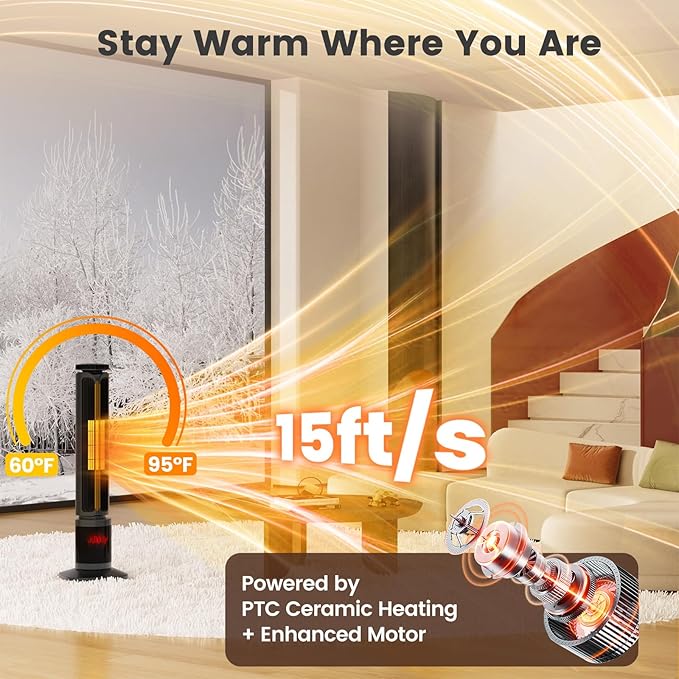 VCJ 35” Space Heater for Indoor Use, 1500W PTC Ceramic Electric Heater with Thermostat, Remote, 12H Timer, 120°Oscillation, LED Display Quiet Portable Heater for Bedroom Office