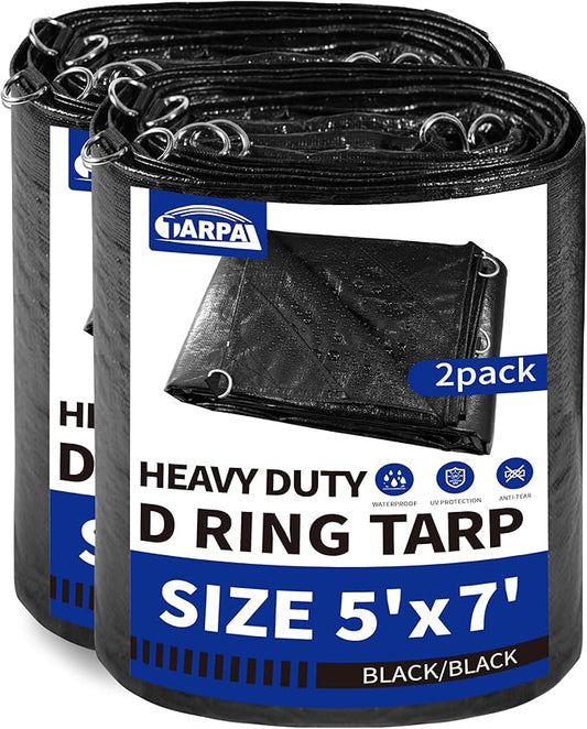 TARPAL Tarp 5x7 Feet (2pack) Heavy Duty Tarps 14mil D-Ring Waterproof Tarp for Outdoors UV Protection Triangular Sewing Design Reinforced Corners and Edges（Black）