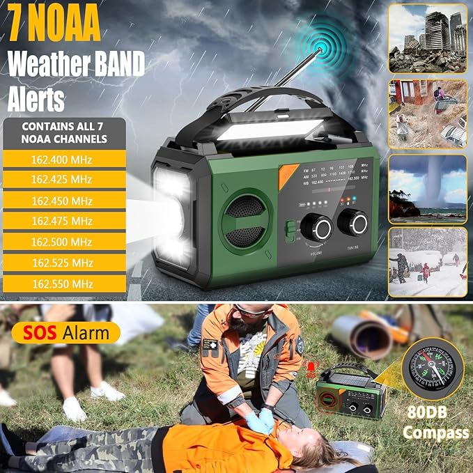 20000mAh Emergency Weather Radio with Wireless Speaker, 74000mWh NOAA/AM/FM Hand Crank Solar Radio with Flashlight Cell, Phone Charger, Compass, Reading Lamp, SOS Alarm