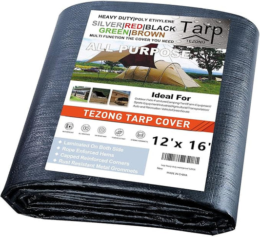 Tarp Heavy Duty Waterproof 12x16ft,TEZONG Black Tarp 16MIL Plastic Tarpaulin Outdoor Tarp Cover for Emergency Rain,Patio Furniture,Wood,Roof,Camping,Car,Pool