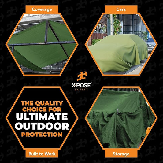 Xpose Safety Canvas Tarp - 10oz Green Canvas Tarps Heavy Duty Water Resistant with Brass Grommets- Multipurpose Outdoor Tarpaulin for Camping, Canopy, Trailer, Equipment Cover 8' x 16' (2 Pack)