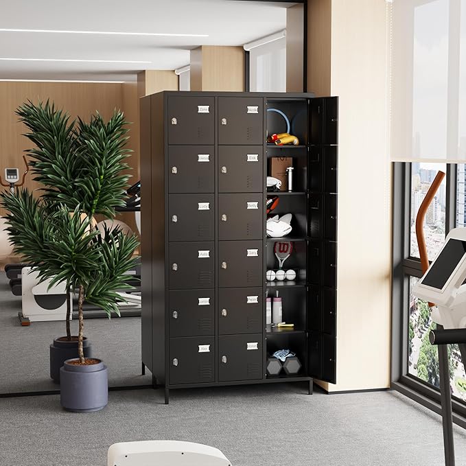 METAN Metal Locker for School Office Gym Bedroom, 18 Doors Black Steel Storage Locker Cabinet for Employees, Industrial Storage Locker, Assembly Required (18 Door-Black)