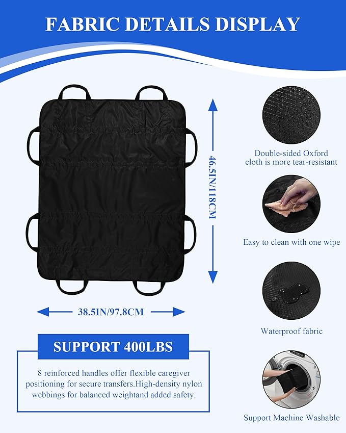 SPRING SEAON Patient Positioning Bed Pad with Handles – Transfer & Slide Sheet for Elderly Care, Waterproof Washable Draw Sheet for Hospital or Home Use, 46.5" x 38.5", 400 LBS Support,Black