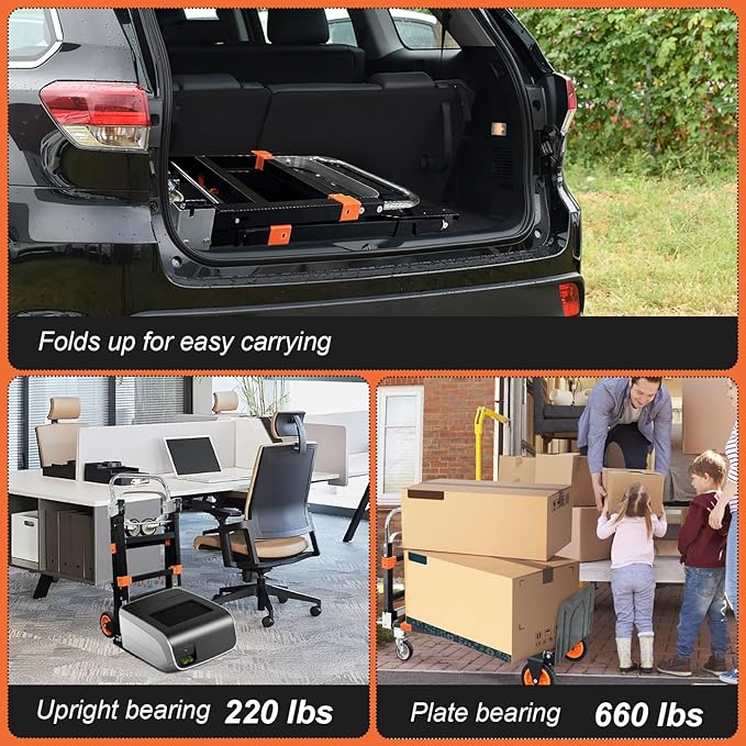 3-in-1 Aluminum Hand Truck Dolly, 600 lbs Heavy Duty Folding Trolley with Universal Wheels, Convertible Hand Truck with Tie Down Straps for Warehouse, Supermarket, Office (Orange)