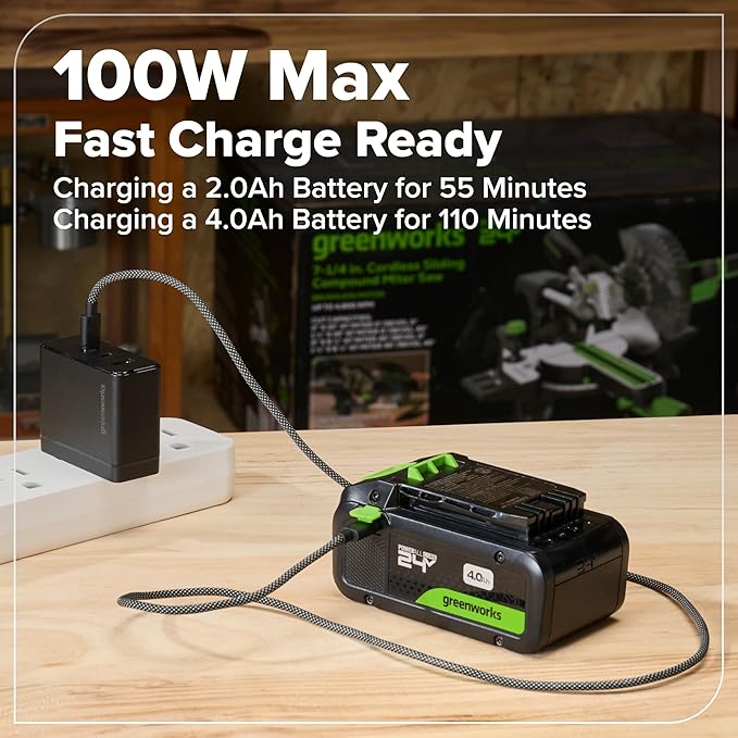 GREENWORKS 24V (8-TOOL) Combo (Drill, Impact Driver, Circular Saw, Reciprocating Saw, Jigsaw, Multi-Tool, Sander, Flashlight), 4.0Ah + (2) 2.0Ah (Power Bank) Batteries, (2) Cables, 65W Rapid Charger