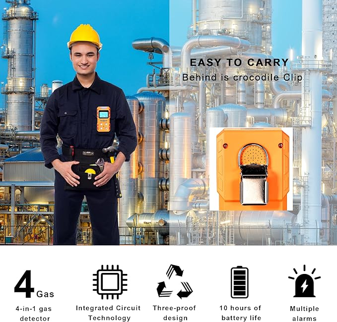 Upgrade Portable Voice Type 4 Gas Detector Monitor, Handheld 4 in 1 Gas Meter Tester with Digital LCD Display, Upgrade Model Rechargeable Lithium Battery Powered (Orange)