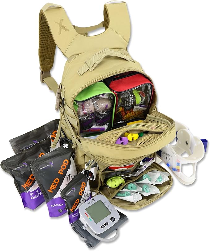 Lightning X Fully Stocked TacMed First Responder Trauma Medical Backpack EMT Kit | MB45-SKF | w/Professional First Aid Emergency Supplies (Tan)