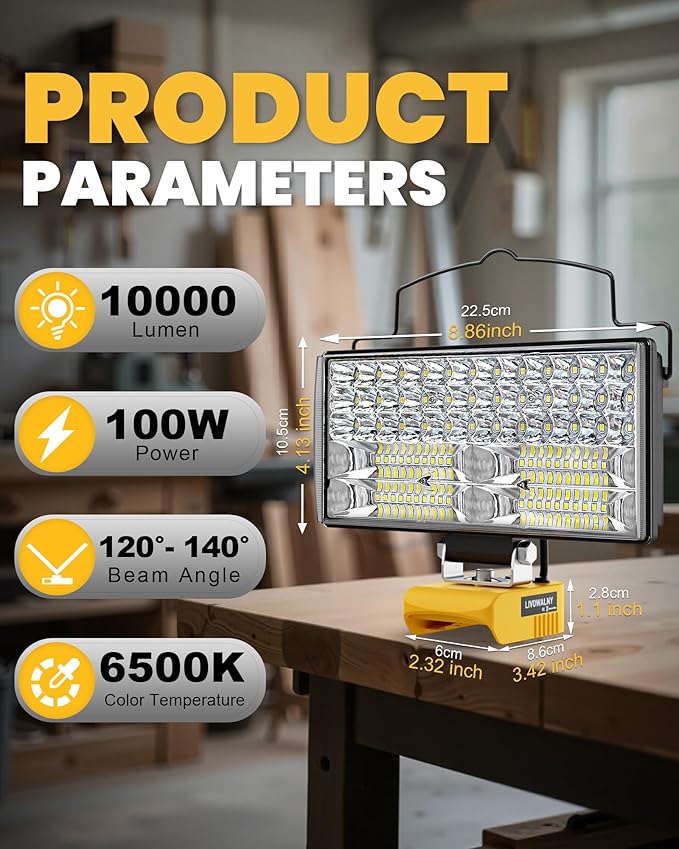 LIVOWALNY LED Work Light Compatible with Dewalt, 100W 10000LM 7" Flood Battery Light, Cordless LED Flashlights with USB & Type-C & Low Voltage Protection & 140° Pivoting Head for Emergency & Job Site