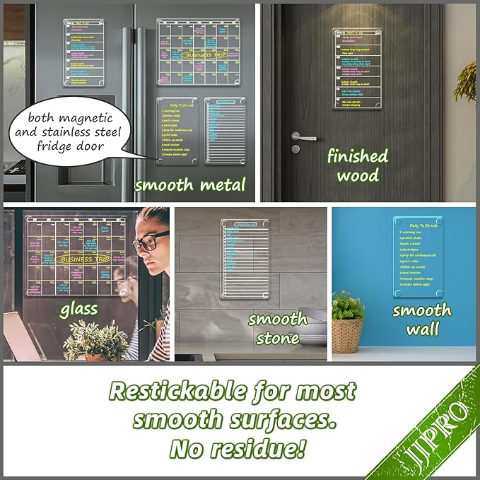 JJPRO Non-Magnetic Dry Erase Monthly Calendar for Fridge-Clear Monthly Calendar, Weekly Planner, List and Blank Board. Clear Reusable Calendar Stick to Fridge,Cabinet,Door&Glass
