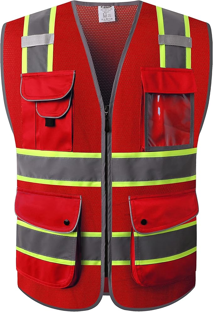 JKSafety 9 Pockets Hi-Vis Neon Red Zipper Front MESH Safety Vest with Fluorescent Yellow Extend Edge outlining the Reflective Tapes Meet ANSI/ISEA Class 2 Standard (100-Red, Medium)