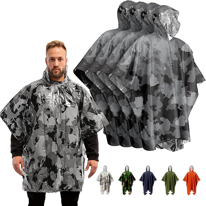 PREPARED4X Emergency Poncho and Mylar Blanket Liner - Waterproof, Wind-Resistant Outdoor Rain Poncho for Camping, Emergencies