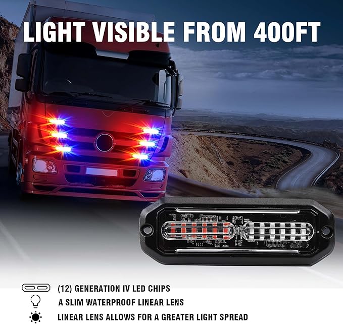 WINECO 8PCS LED Strobe Lights 12V Sync Feature Red Blue 12LED Emergency Hazard Warning Lights with Strobe Controller for Trucks Vehicles ATV RV Cars Van