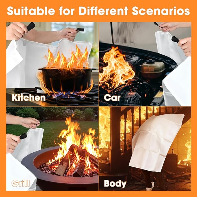 Emergency Fire Blanket, 40"x40" Fiberglass Suppression Fire Retardant Blankets for Home, Kitchen, Camping, Grill, Car, Office, Warehouse with Hooks(2 Pack)