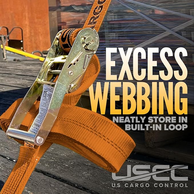 US Cargo Control Flat Hook Ratchet Strap 2 Inch X 30 Foot, 10,000 LBS Break Strength, Orange Heavy Duty Ratchet Straps with Black Flat Hooks, Tie Downs for Flatbed Trailer