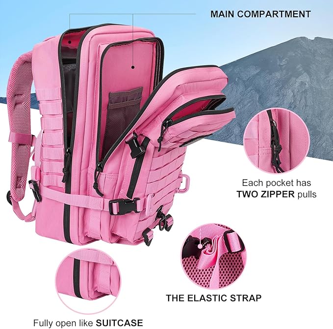 MOLLE Assault Backpack, Tactical Backpack Military Army Camping Rucksack, 3-Day Pack Trip w/USA Flag Patch, D-Rings, Pink