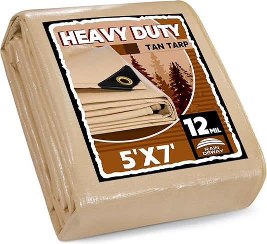 RAINDEWAY 5x7 Feet Heavy Duty 12 Mil Tan Poly Tarp Cover,UV Resistant,Weatherproof,Durable,Multipurpose Waterproof Small Tarp with Grommets and Reinforced Edges