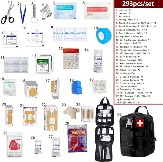 293Pcs/set - First Aid Kit Molle Pouches Emergency Survival Kit Suitable for Outdoor Activities, Home, School, Hiking, Car Travel and Camping - Quick Response First Aid Essentials (Black)