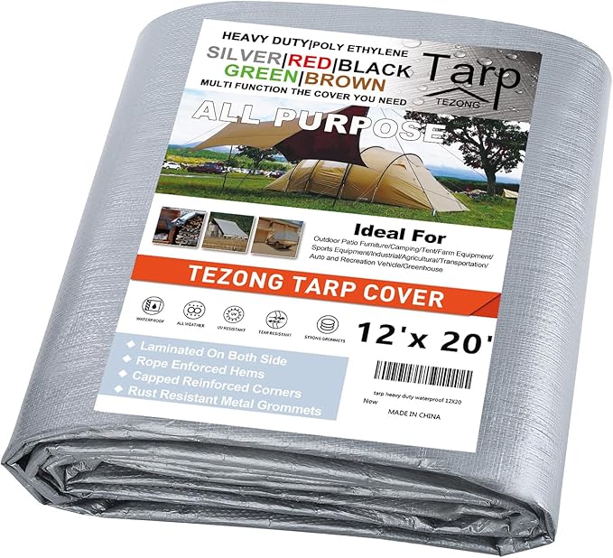 Tarps Heavy Duty Waterproof 12x20ft,TEZONG Silver Tarps Multipurpose Large Outdoor Plastic Tarp Cover 12MIL Thick Poly Tarpaulin for Emergency Rain or Sun, Roof, Patio Furniture, Firewood, Canopy