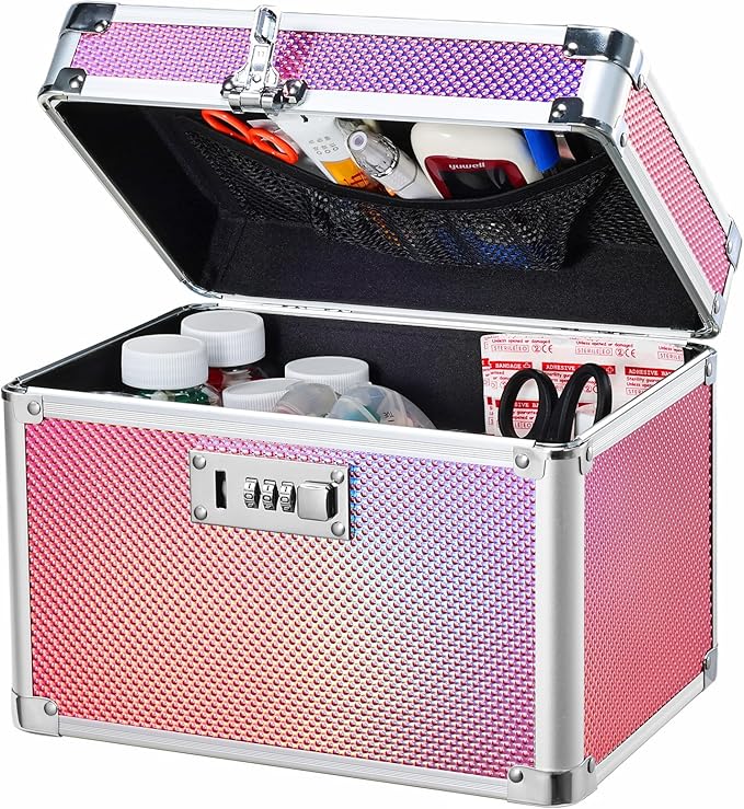 Adazzo Lockable Medicine Storage Box - Shiny Pink Cabinet Med Lock Organizer, 10 x 7 x 9 Inches Safe Case with Combination Lock for Home, Dorm, Office, or Travel