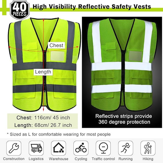 Newcotte 40 Pack Safety Vests Bulk Yellow Reflective High Visibility Vest with Mesh Pocket Zipper, Hi Vis Silver Strip for Men, Neon