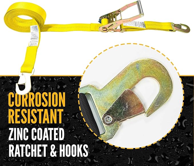 US Cargo Control Auto Ratchet Straps with Snap Hooks 2 Inch x 12 Foot (4-Pack), 6,000 LBS Break Strength, Versatile Ratchet Straps with Flat Locking Hooks, Tie Down Cars, Motorcycles, & Other Vehicles