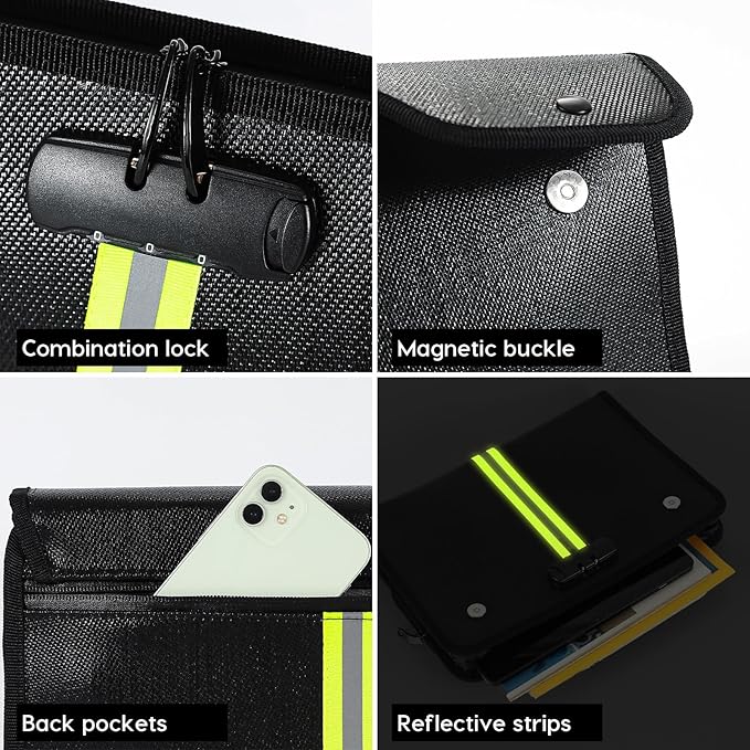 Fireproof Document Bag with Lock, Important Document Organizer for Home Safe, Waterproof Money Bag for Cash, Birth Certificate, Legal File, Passport