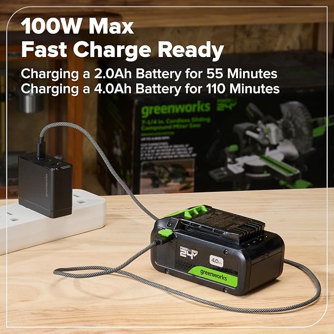 GREENWORKS 24V (4-TOOL) Combo (1/2” Drill + 1/4” Impact Driver + 6.5” Circular Saw + 200Lm Flashlight), 4.0Ah + 2.0Ah Batteries (24,000mAh Power Bank), (2) Braided Cables, 65W Rapid Charger