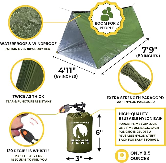 New ThermoShield™ Technology – Ultimate 2-Person Ultralight Mylar Survival Tent with Reinforced Paracord & Emergency Whistle • All-Weather Protection for Hiking, Camping & Survival Kits