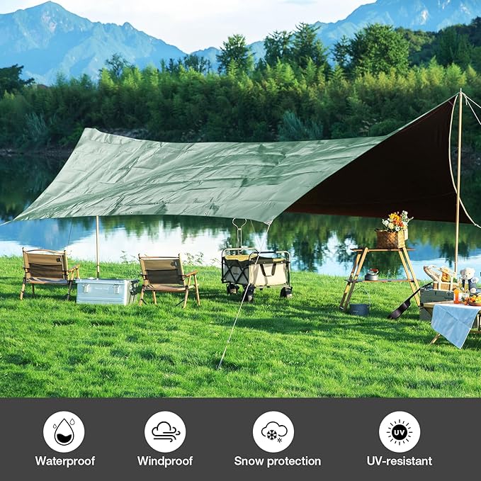 Tarp Waterproof 8×10 FT 14 Mil Heavy Duty Tarp Multipurpose Tarps Heavy Duty Waterproof Protective Cover UV All Weather Resistant for Shelter Camping, Green/Brown