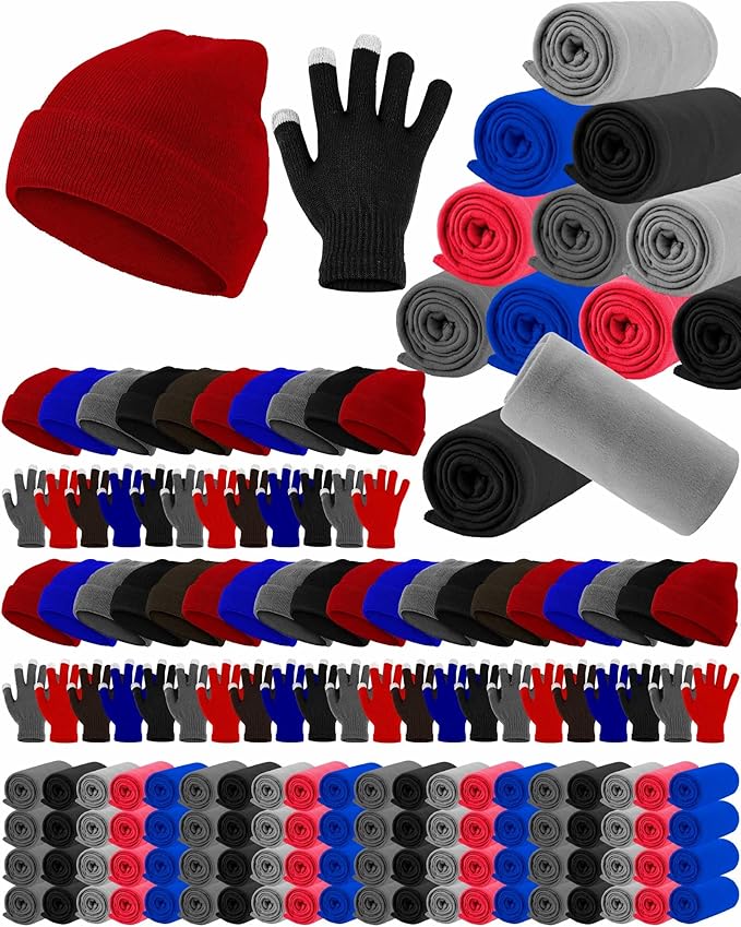 Panitay 150 Pcs Homeless Care Package Supplies Bulk Hats Gloves Fleece Blankets for Men Women Homeless Donating Supplies