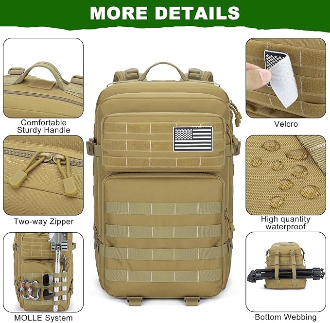 Tactical Backpack 45L Army Military Rucksack, Water Resistant MOLLE Pack, Large 3 Day Bug Out Bag for Men & Women, Durable Outdoor Gear for Hiking, Camping, Hunting, Travel (Khaki)
