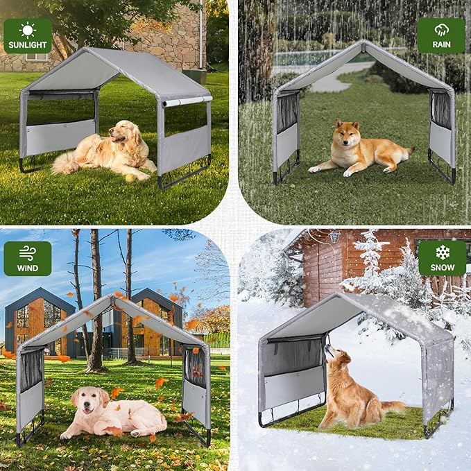 Large Dog House Shade Shelter Outdoor Tent for Large Medium Dogs, Outside Sun Rain Canopy Pet House for Homeless Cats Pigs Livestock with Rainproof Cover with Artificial Grapevine Leaves