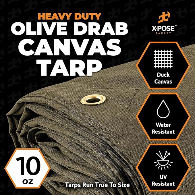 Xpose Safety Canvas Tarp - 10oz Olive Drab Canvas Tarps Heavy Duty Water Resistant with Brass Grommets- Multipurpose Outdoor Tarpaulin for Camping, Canopy, Trailer, Equipment Cover 8' x 16' (2 Pack)