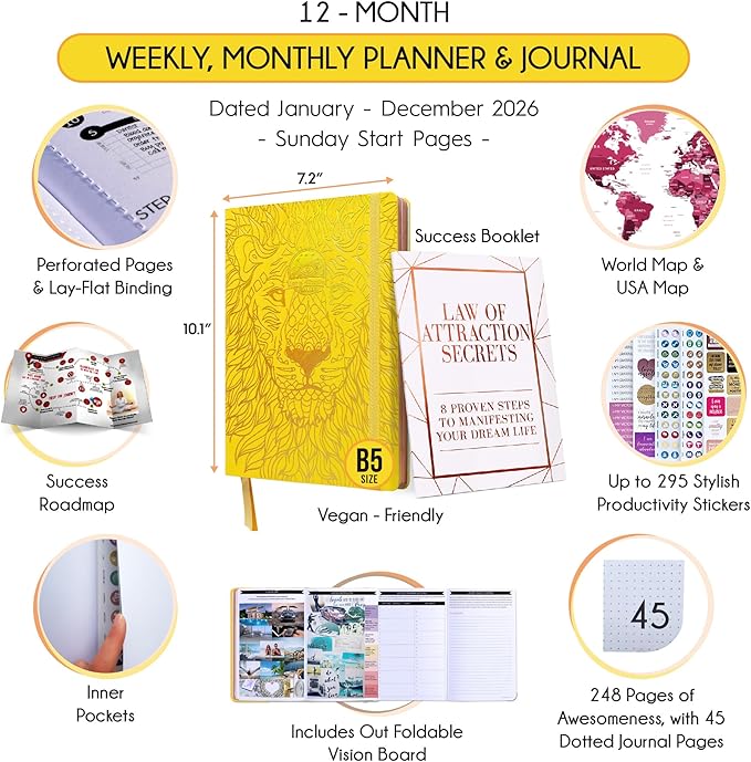 Deluxe 2026 Planner Weekly and Monthly | Law of Attraction Planner with Productivity App | 12-Month for Productivity, Gratitude & Goal Setting | Includes Foldable Vision Board, Gift Box & Stickers