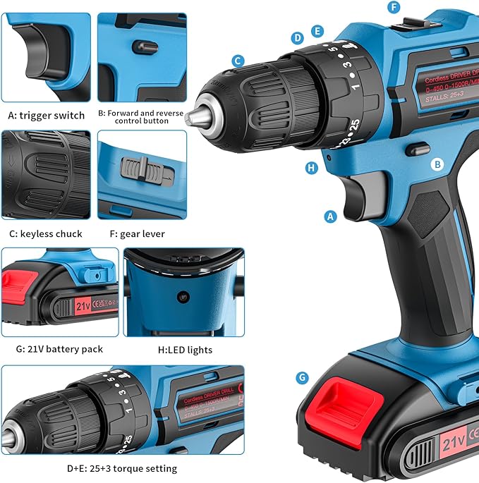 Cordless Drill Set, 21V Power Drill with 2 Batteries and Charger, 25+3 Torque Setting Electric Drill with 26 Acessories, Built-in 3/8'' Keyless Chuck, LED Light, Max 398 in/lb Electric Screwdriver