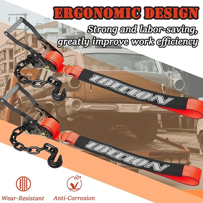 4 Pack Car Tie Down Straps for Trailers with Heavy Duty Chain Anchors 2" x 96" - 3,300 lbs Safe Working Load -Adjustable Wheel Straps with Chain Hook Anchors for Trailers.Red