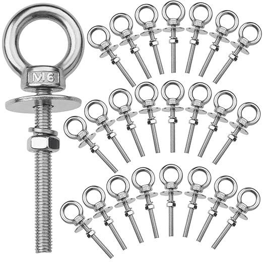 24 Pack M6 Stainless Steel Eye Bolts with Nuts, 1/4" x 2" Long Lifting Ring Eye Bolt， Eye Bolts Heavy Duty for Hang Tie Down Outdoor (24, M6x51mm (1/4"x2"))