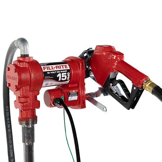 Fill-Rite FR1210HA 12V 15 GPM Fuel Transfer Pump with Discharge Hose & Automatic Nozzle, Red | Gasoline, Diesel, Kerosene, Ethanol & Methanol Blends & Biodiesel