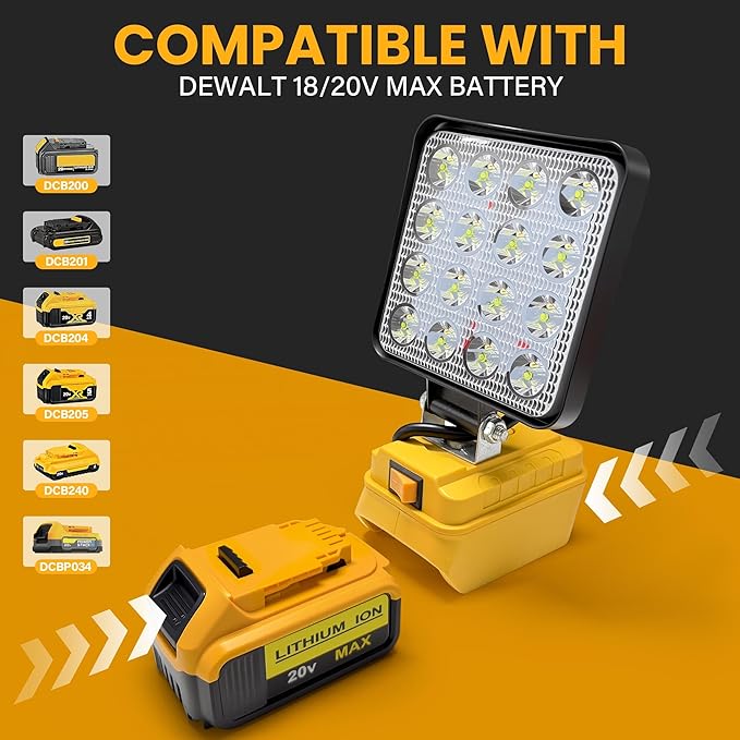 2pcs Cordless Work Light Compatible with DEWALT 20V Battery.48W 3800LM Wide Beam Flood Light with Two USB Charging Port Flashlight for Emergency,Workshop,Garage.(No Battery)