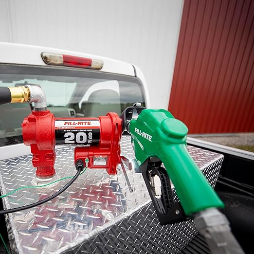 Fill-Rite FR4220HDSQ 12V 20 GPM Fuel Transfer Pump with Discharge Hose, Automatic Nozzle – Green, & Swivel | Gasoline, Diesel, Kerosene, Ethanol Blends, Methanol Blends & Biodiesel