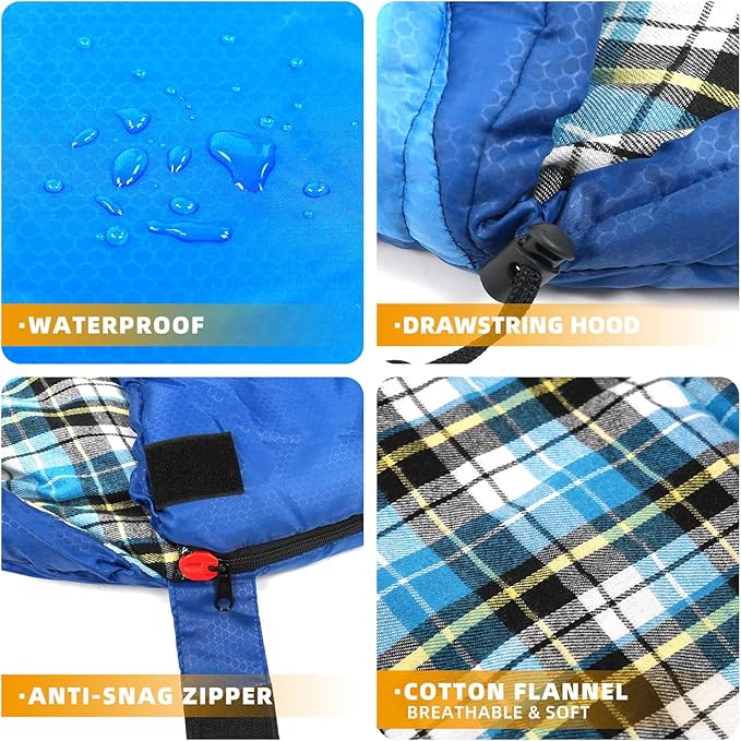 Cotton Flannel Lined Sleeping Bag for Adults Teens Kids, Cold Weather & Warm, 3 Seasons, Lightweight Compact Camping Essentials Equipment, Hiking, Outdoor, Travel