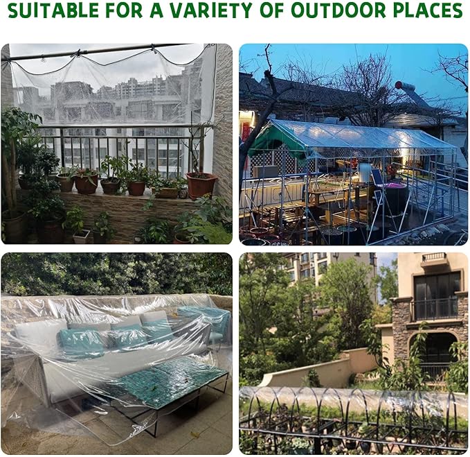 Clear Tarps Heavy Duty Waterproof, 15Mil Transparent PVC Vinyl Tarpaulin with Grommets, Ropes, Reinforced Edge, Tear-Resistant, Anti-UV for Greenhouse, Patio, Garden, Porch, Pavilion, Outdoor