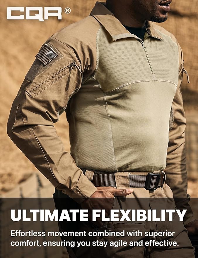 CQR Men's Combat Shirt Tactical 1/4 Zip Long Sleeve Military BDU Shirts Camo EDC Top with Pockets