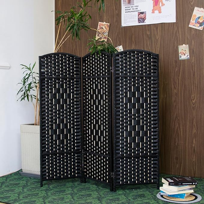 3 Panel Rattan Divider Short Room Partition Screen,Double Sided Folding Divider for Room Separation,Black,47.2" H x 47.2" W