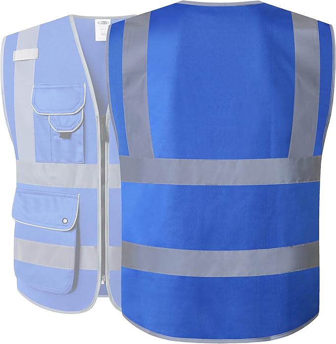 JKSafety 9 Pockets High Visibility Zipper Front Safety Vest With Reflective Strips Meets ANSI/ISEA Standard (150Blue-4XL)