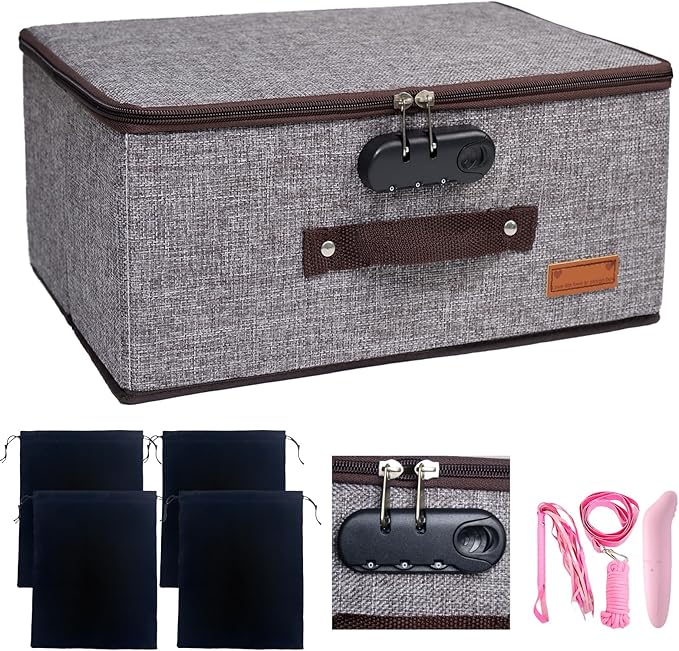 Locking Adult Game Toy Storage Organizer Lock Box Toy Storage Bins Game Toys Storage Bags with 4 Drawstring Bags, Large capacity 16 x 11.8 x 8.2 Inches (Gray with lock slot)