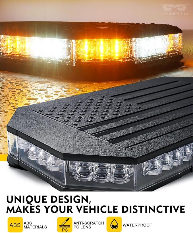LUMENIX Rooftop Strobe Beacon Lights Bar w/Controller, American Flag Pattern White Amber LED Emergency Warning Traffic Flashing Light for Construction Vehicles Work Trucks Snowplow (Patented Design)