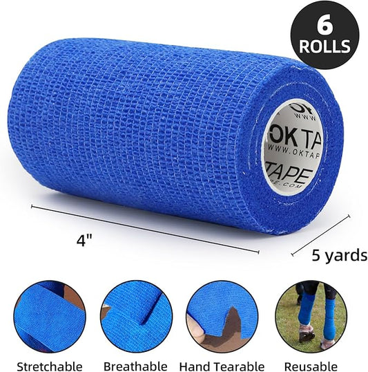 OK TAPE Self Adherent Cohesive Bandages Wrap - 6Packs, 4" x 5 Yards, Non-Woven Self Adhesive Bandage Wrap for Thumb, Finger, Wrist, Ankle, Vet Wrap Bandages Tape (Mixed Colors)